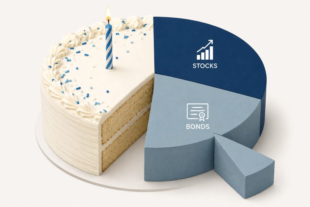 A cake becoming a portfolio pie chart with stock and bond allocations.