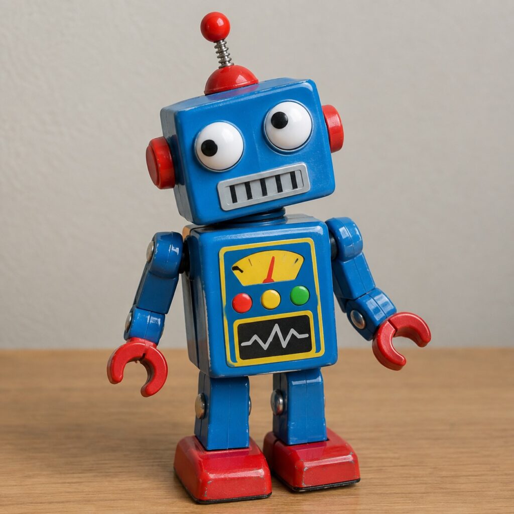A cheap-looking plastic toy robot with a silly expression on its face