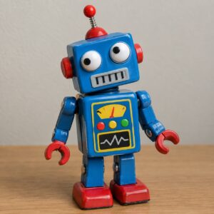 A cheap-looking plastic toy robot with a silly expression on its face