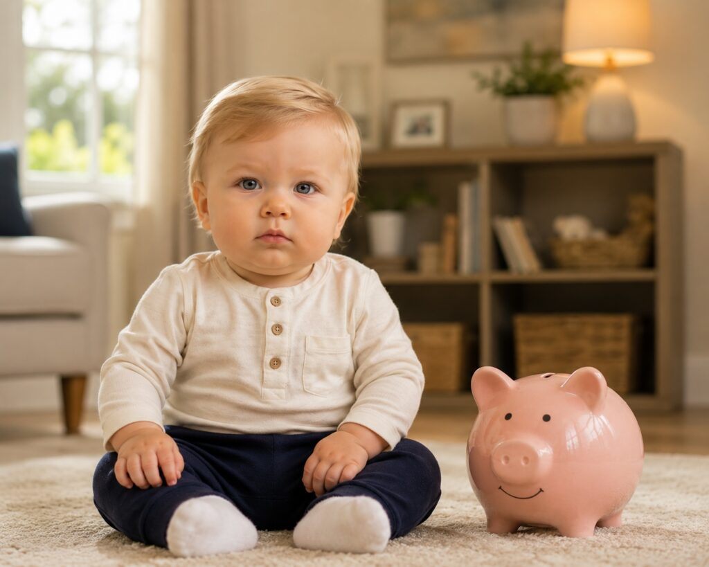 Baby with Piggy Bank Representing Trump Accounts