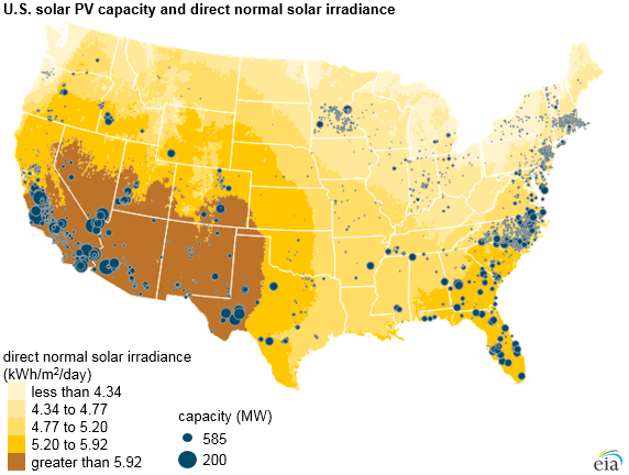 U.S. solar photovoltaic (PV) capacity and direct normal solar irradiance